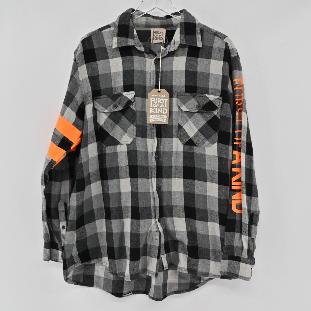 Furst of a Kind Plaid Flannel Shirt‎ Mens Size XL Black Grey Neon Orange Graphic